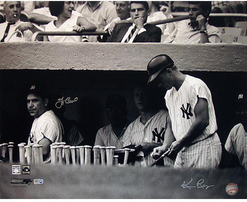 Yogi Berra in Dugout w/ Roger Maris B&W Horizontal 16x20 Photo (Signed by Regan) (MLB Auth)