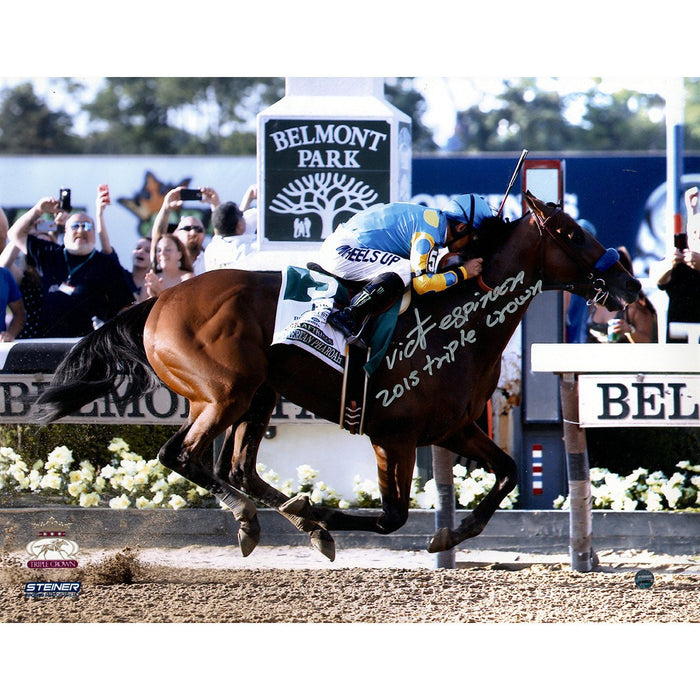 Victor Espinoza Signed American Pharoah Finish Line Celebration 2015 Belmont Stakes 11x14 Photo w/ " 2015 Triple Crown" Insc