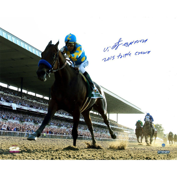 Victor Espinoza Signed American Pharoah Leads The Pack 2015 Belmont Stakes 16x20 photo w/ 2015 Triple Crown Insc