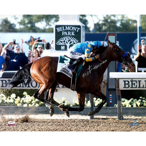 Victor Espinoza Signed American Pharoah Finish Line Celebration 2015 Belmont Stakes 16x20 Photo (Signed in Silver)