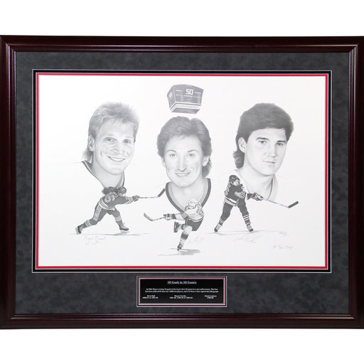 Wayne Gretzky  Brett Hull  Mario Lemieux Triple Signed 50 Goals in 50 Games Lithograph Elite Framed -LE/250 (The Scoreboard Inc Cert Only)