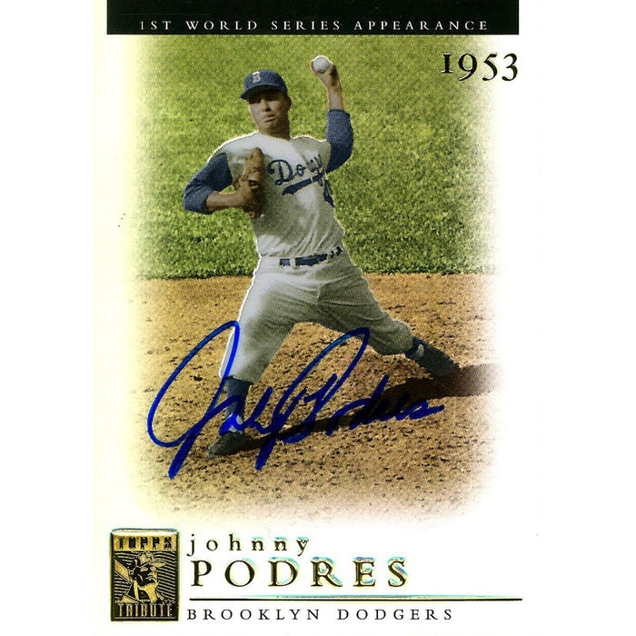 Johnny Podres Signed 2003 Topps Card - Dodgers - Holographic - wind up pitch - 1st WS appearance