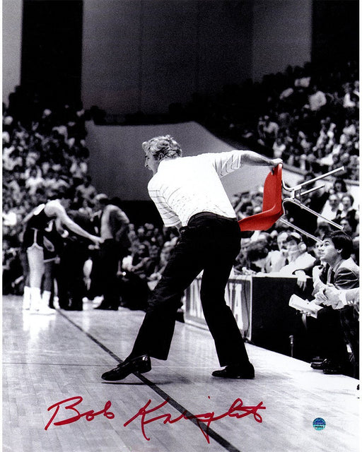 Bob Knight Signed Throwing Chair BW w/ Red Chair 11x14 Photo