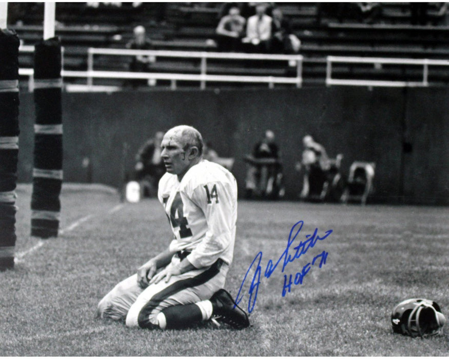 Y.A. Tittle Agony of Defeat Blood 8x10 Photo w/ "HOF" Insc. ( Signed in Blue)