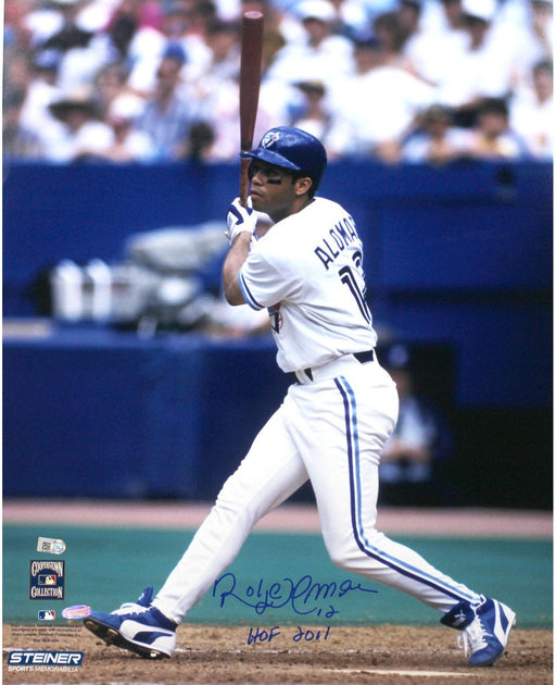 Roberto Alomar Blue Jays white Jersey Swing Vertical 16X20 Photo w/ "HOF" Insc. (MLB Auth)