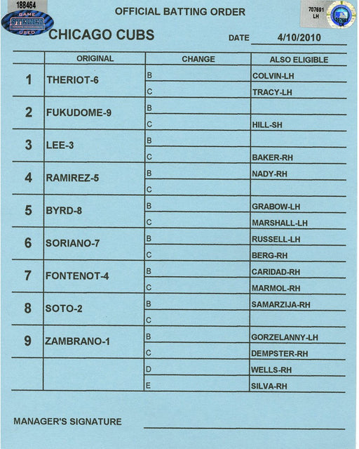 Chicago Cubs at Cincinnati Reds 4-10-2010 Blue Game Used Line-up Card  (LH707691)