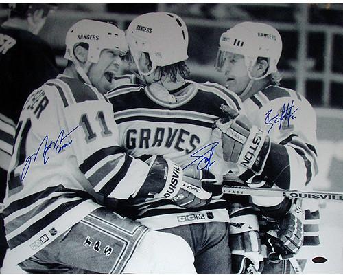 Graves Leetch & Messier Triple Signed B&W Celebration w/Captain Insc.16x20 Photo