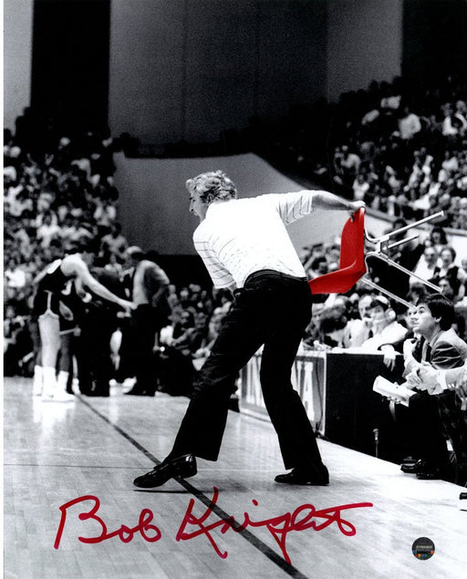 Bob Knight Signed Throwing Chair BW w/ Red Chair 8x10 Photo