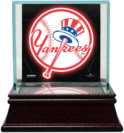 New York Yankees Glass Single Baseball Case with Team Logo Background