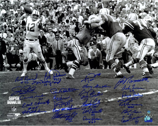 1969 New York Jets Team Signed Super Bowl III Joe Namath Throwing B&W 20x24 Metallic Photo (24 Signatures)