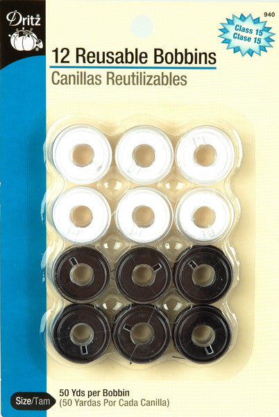 Plastic Class 15 Bobbins-Black & White 12/Pkg