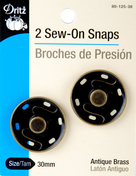 Sew-On Snaps 30mm 2/Pkg-Antique Brass