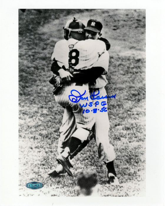 Yogi Berra / Don Larsen Hug 8x10 photo Signed by Larsen w/ PG Insc