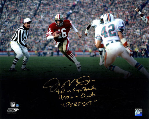 Joe Montana Signed 'Run vs. Dolphins' Spotlight 16x20 Photo w/ "4-0 in Super Bowls  11TD's- 0INT's  Perfect" Inscription