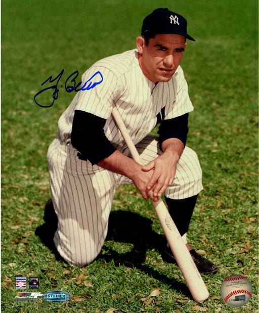 Yogi  Berra Signed 8x10 color photo kneeling in grass w/bat