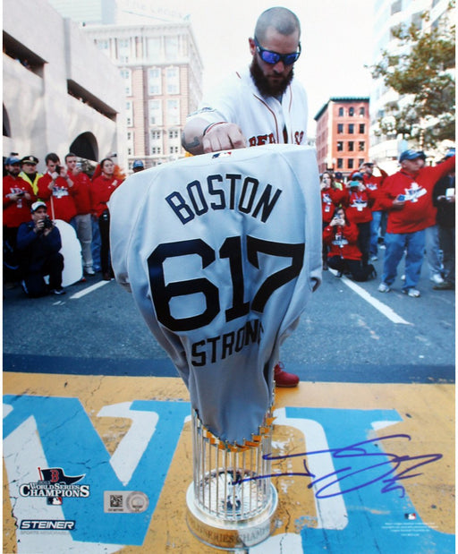 Jonny Gomes Signed World Series Trophy at Finish Line w/ Boston Strong Jersey 8x10 Photo (MLB Auth Only)