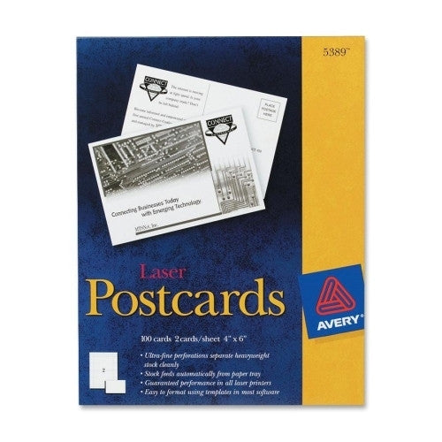 Avery Consumer Products Laser Postcard, Perforated, 4"x6", 100/BX, White