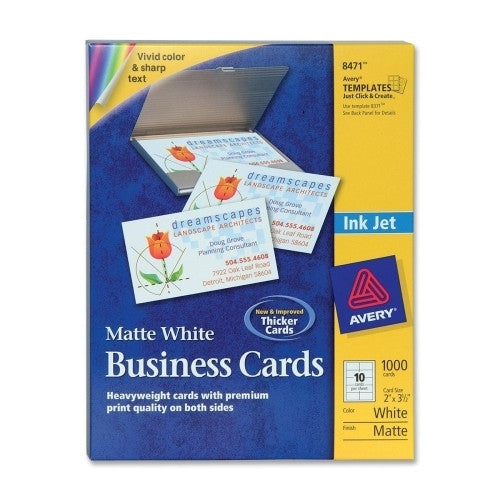 Avery Consumer Products Business Card, Matte, Inkjet, 2"x3-1/2", 1000/BX, White