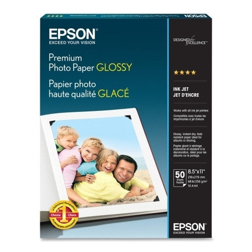 Epson America Inc. Photo Premium Paper, Glossy, 68 lb., 8-1/2"x11", 50/PK, WE