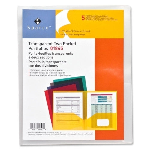 Sparco Products Transparent Portfolio,2-Pockets,60 Sht Cap,Letter,5/PK,CL