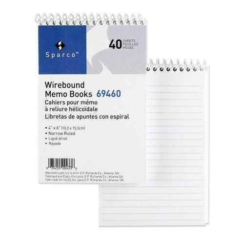 Sparco Products Wirebound Memo Book, End Spiral, 40 Sheets, 4"x6", White