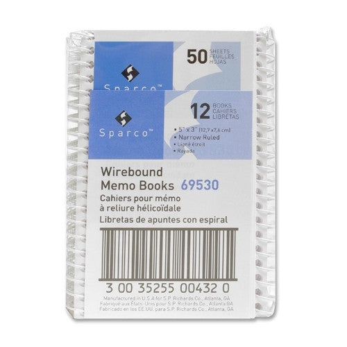 Sparco Products Wirebound Memo Book, Side Spiral, 50 Shts, 5"x3", White