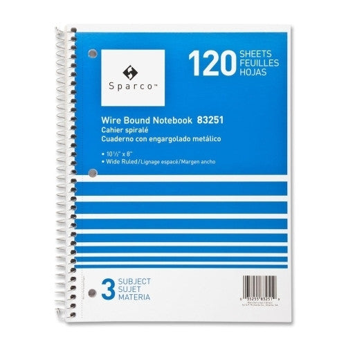 Sparco Products Notebooks,3 Subject,10-1/2"x8",Wide Ruled,120SH,Ast.