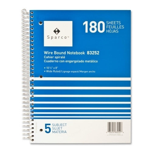 Sparco Products Notebooks,5 Subject,10-1/2"x8",Wide Ruled,180SH,Ast.