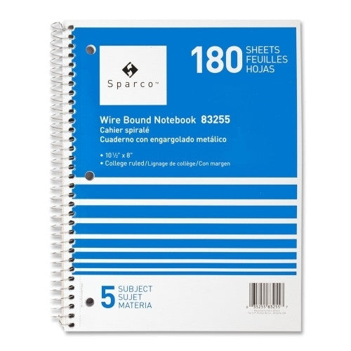 Sparco Products Notebooks,5 Subject,10-1/2"x8",College Ruled,180SH,Ast.