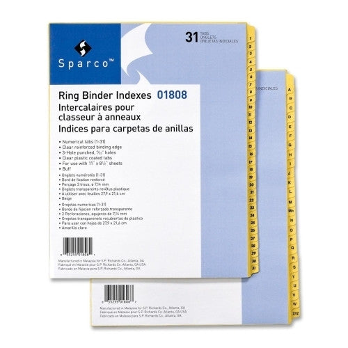 Sparco Products Plastic Tab Indexes,3HP,Numerical 1-31,11"x8-1/2",25/ST,Buff