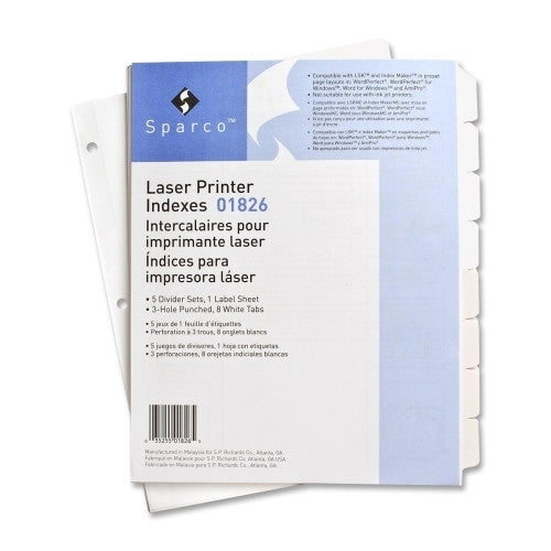 Sparco Products Laser Printer Indexes, Punched, 8-Tab, 5 ST/PK, White