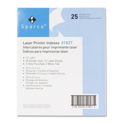 Sparco Products Laser Printer Indexes, Punched, 3-Tab, 25 ST/PK, White