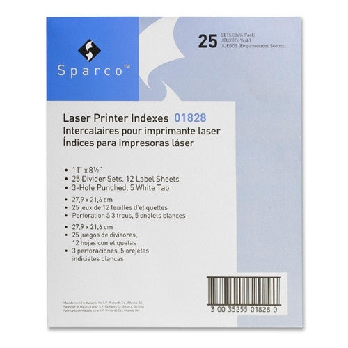 Sparco Products Laser Printer Indexes, Punched, 5-Tab, 25 ST/PK, White