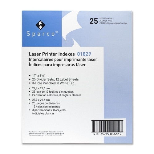 Sparco Products Laser Printer Indexes, Punched, 8-Tab, 25 ST/PK, White