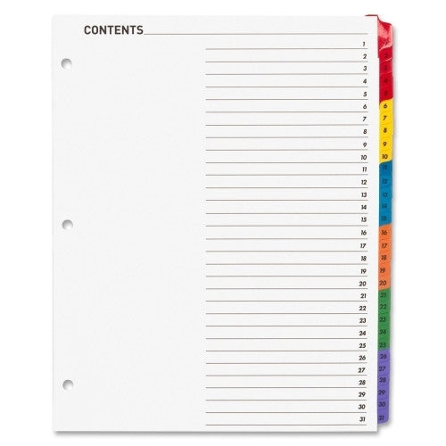 Sparco Products Index Dividers W/Table Of Contents,31-Tab, 1-31,Multi