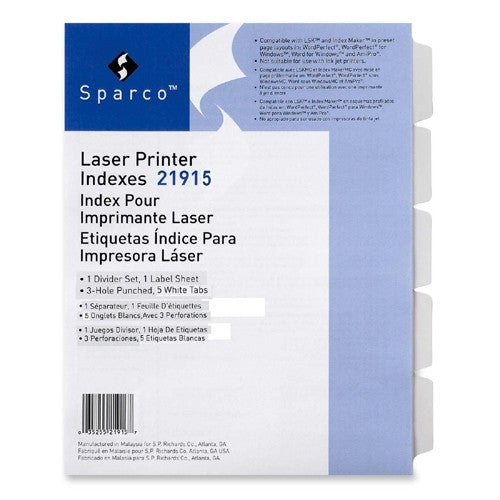 Sparco Products Laser Printer Indexes, Punched, 5-Tab, 1 ST/PK, White