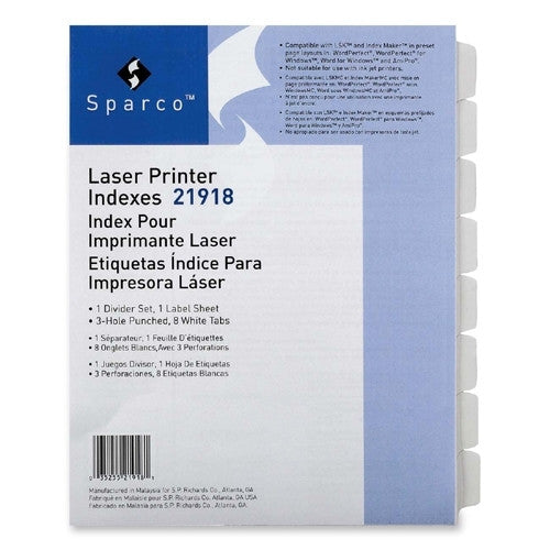 Sparco Products Laser Printer Indexes, Punched, 8-Tab, 1 ST/PK, White