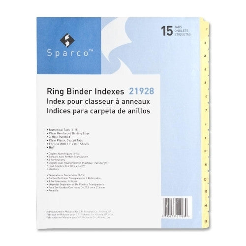 Sparco Products Plastic Tab Indexes, 3HP, 1-15, 11"x8-1/2", 24/ST, Buff