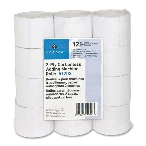 Sparco Products Carbonless Add Machine Rolls, 2-1/4"x90', 12/PK, White