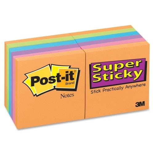 3M Commercial Office Supply Div. Super Sticky Pads, 90 Sheets/PD, 3"x3", 12/PK, Neon Fusion