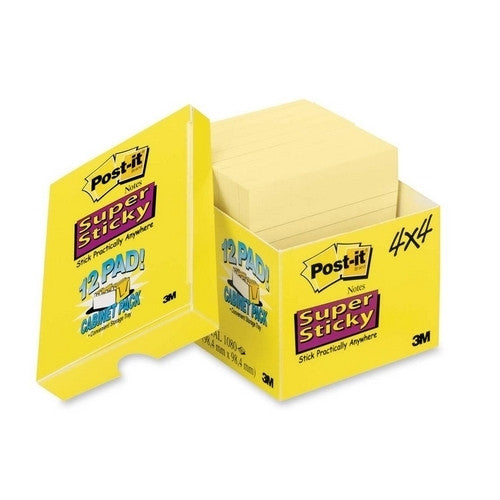 3M Commercial Office Supply Div. Super Sticky Pads,Lined,4"x4",12/PK,90 Sheet/PD,Canary