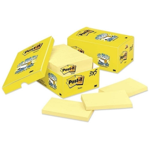 3M Commercial Office Supply Div. Post-it Notes, Original, 3"x5", 90 Sheets/Pad, 18/PK, Canary