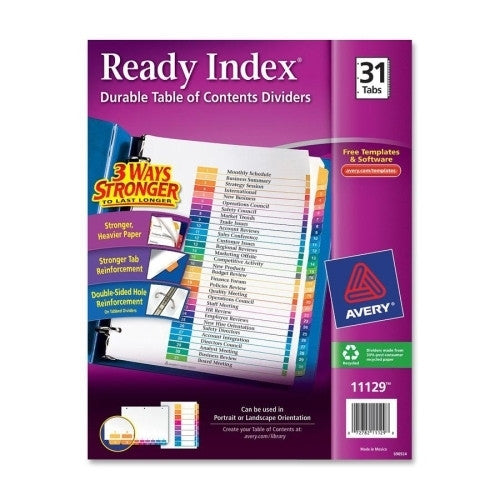 Avery Consumer Products Ready Index Dividers,1-31 Tab,3HP,8-1/2"x11",Asst