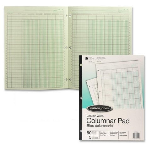 Acco/Wilson Jones Columnar Pad, 5 Columns, 50 Sheets, 11"x8-1/2", Green