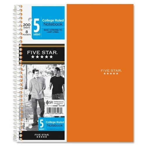 Mead Notebook, 5-Subject/8-Pocket, 200 Shts, 11"x8-1/2", Assorted