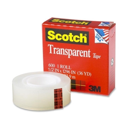 3M Commercial Office Supply Div. Transparent Tape, 1" Core, 1/2"x1296"