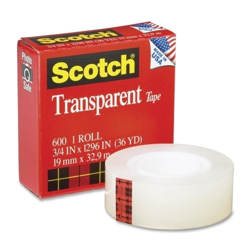 3M Commercial Office Supply Div. Transparent Tape, 1" Core, 3/4"x1296"