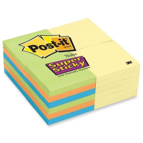 3M Commercial Office Supply Div. Super Sticky Pads, 3"x3", 24/PK, 12 Canary/12 Neon Fusion