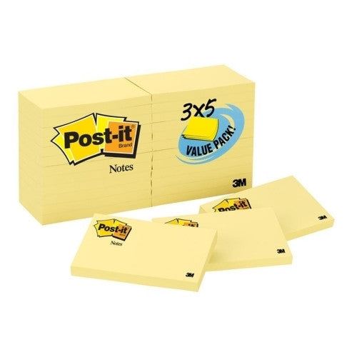 3M Commercial Office Supply Div. Post-it Notes,Original Pad,3"x5",90 Sheets,24/PK,Canary