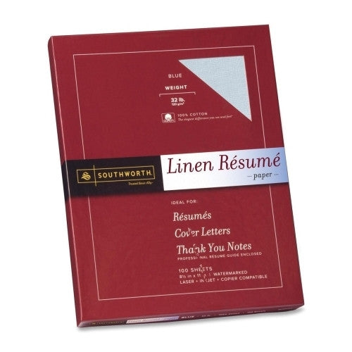 Southworth Company Resume Paper, Linen, 32 lb, 8-1/2"x11", 100/BX, Blue